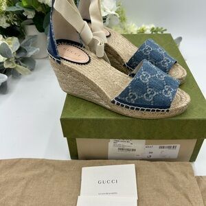 Women's Gucci PILAR denim GG espadrille wedge sandals size 36 made in Spain